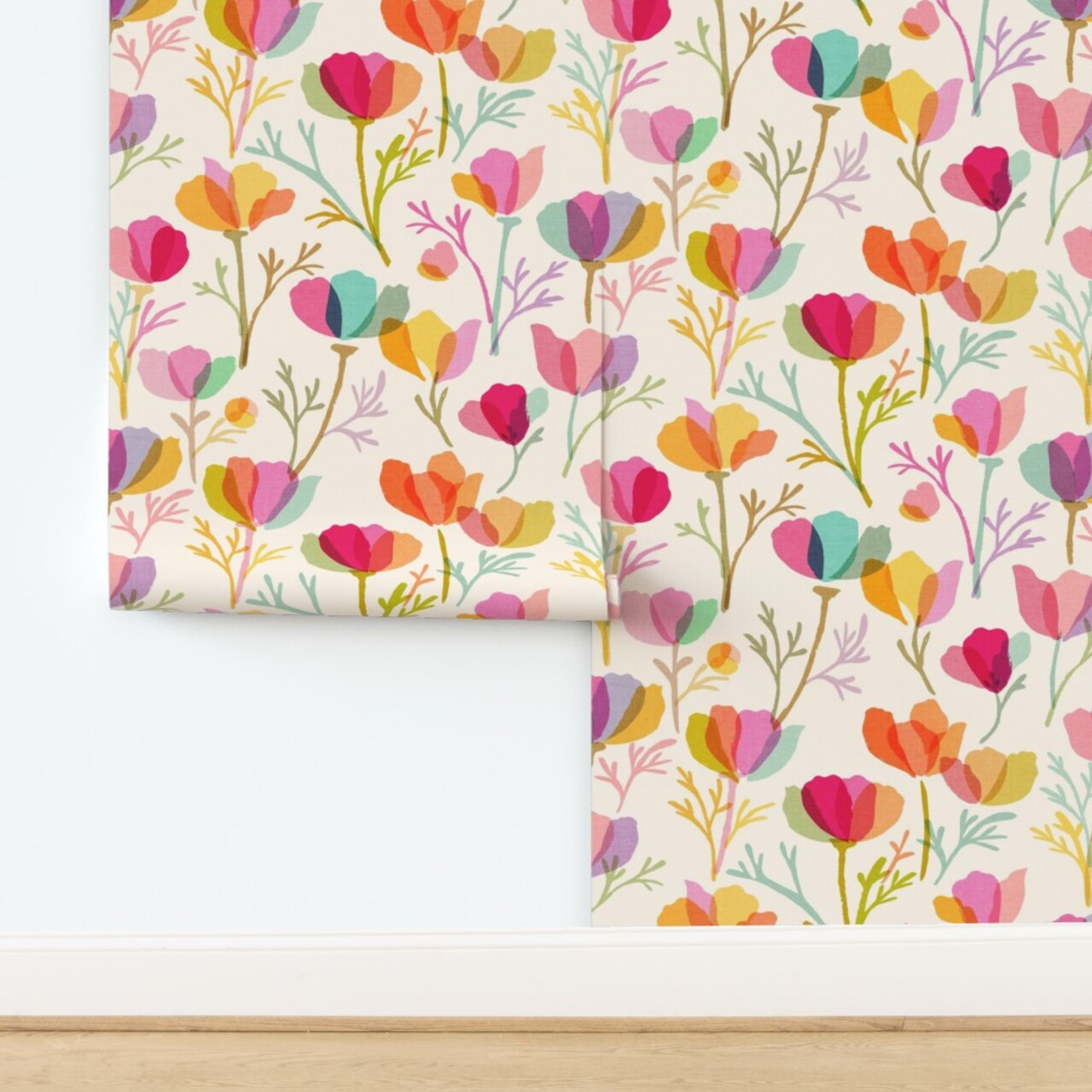 Watercolor Floral Botanical Garden Poppy Mid Century Modern Stained Glass Layered Textured Summer Spring Hand Painted Bloom Flowers Feminine Custom Removable Wallpaper by Spoonflower Peel & Stick Wallpaper 2FT Wide